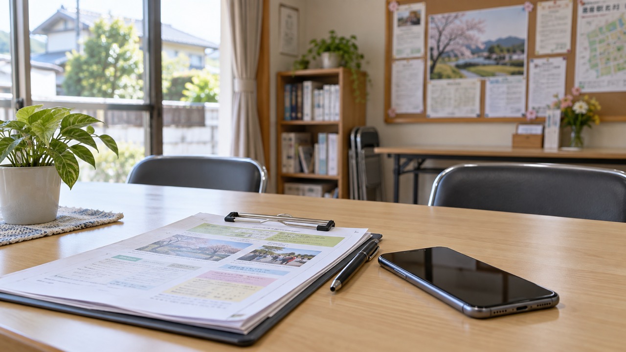 紙の回覧板とスマートフォンを並べた自治会の机