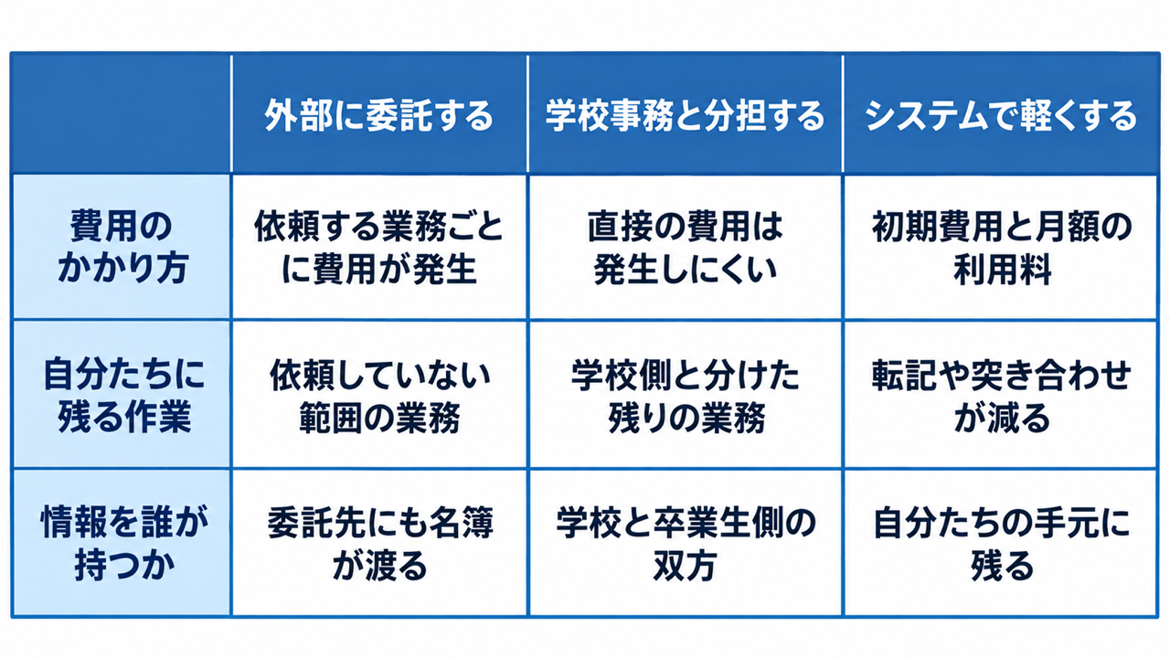 事務局の負担を減らす3つの選択肢の比較