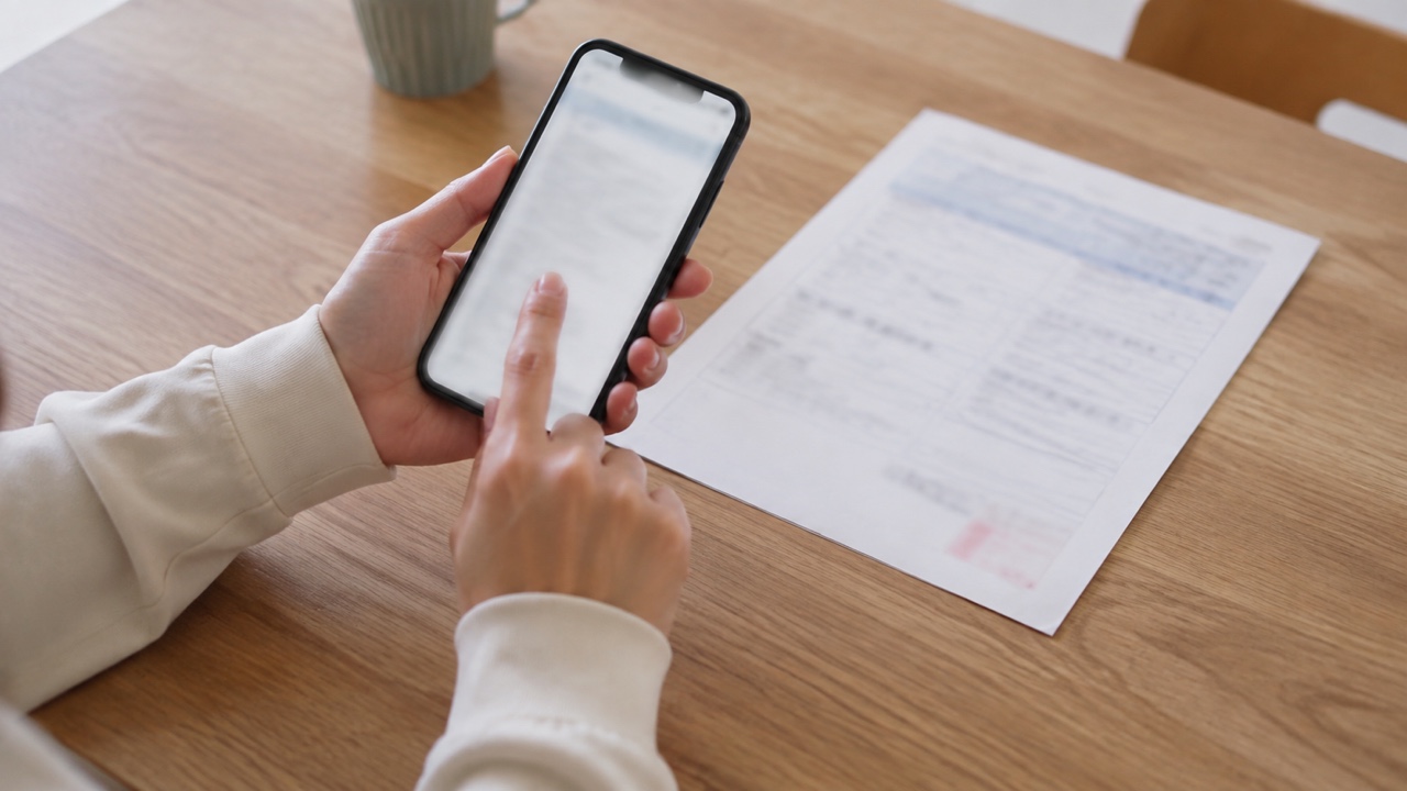保護者がスマートフォンで手続きをしている場面