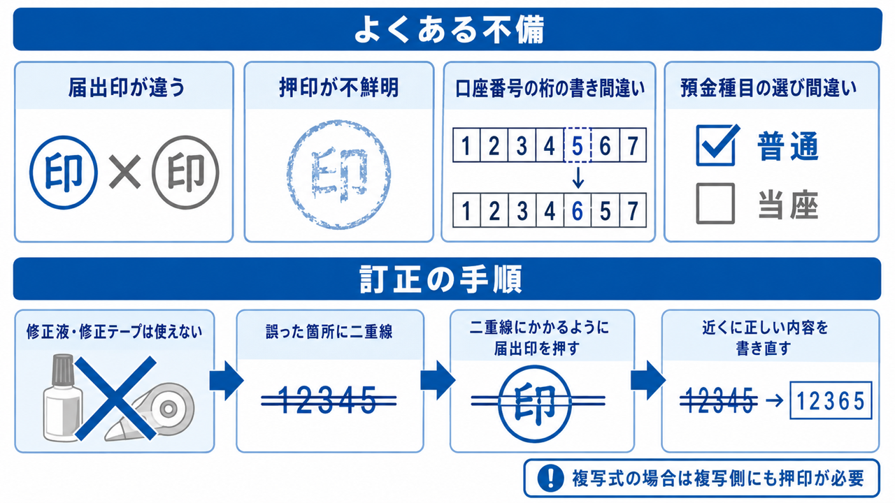 口座振替依頼書のよくある不備と、書き間違えたときの直し方